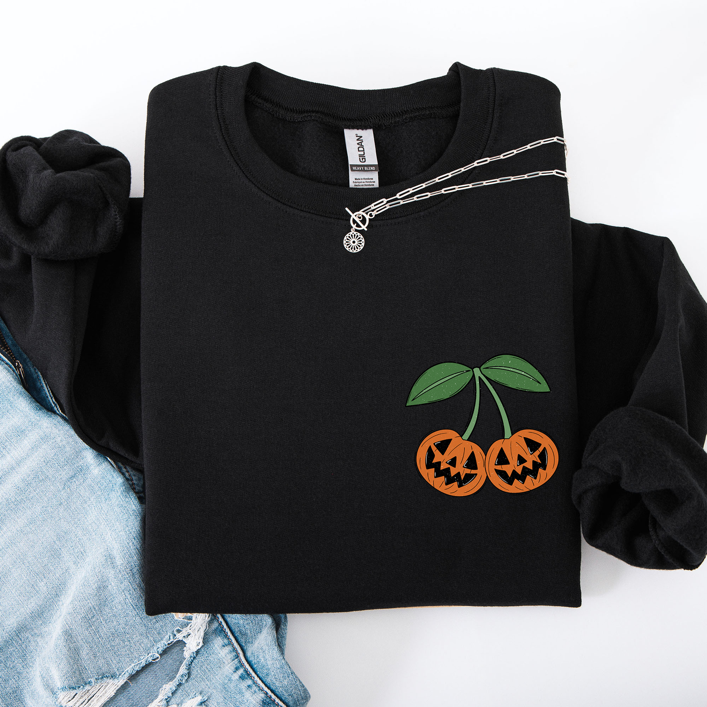 Jack o Lantern, Cherry, Halloween, Cute, Vintage, Retro Pocket Sweatshirt