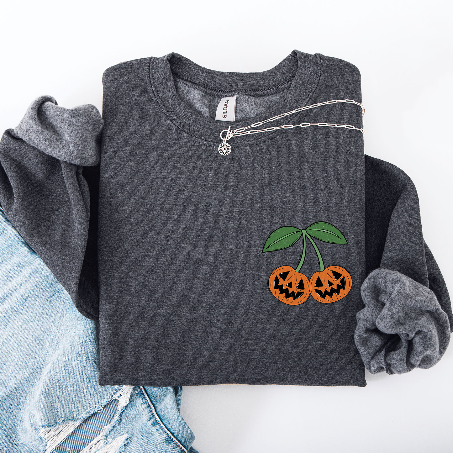 Jack o Lantern, Cherry, Halloween, Cute, Vintage, Retro Pocket Sweatshirt