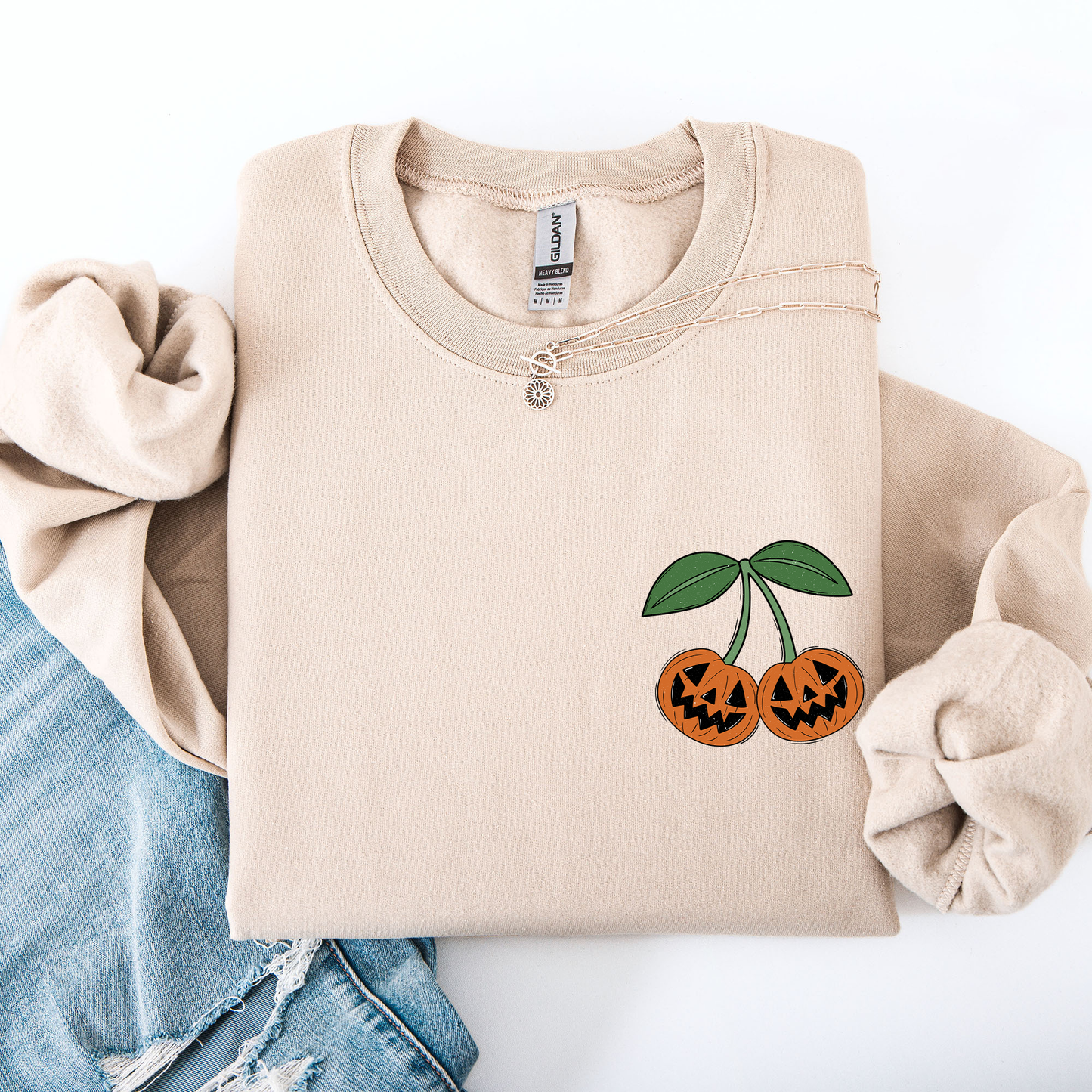 Jack o Lantern, Cherry, Halloween, Cute, Vintage, Retro Pocket Sweatshirt
