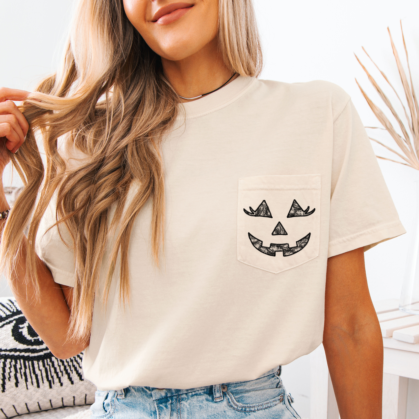 Jack o Lantern, Coquette, Faux Lace, Halloween, Pocket, Comfort Colors Pocket T-Shirt