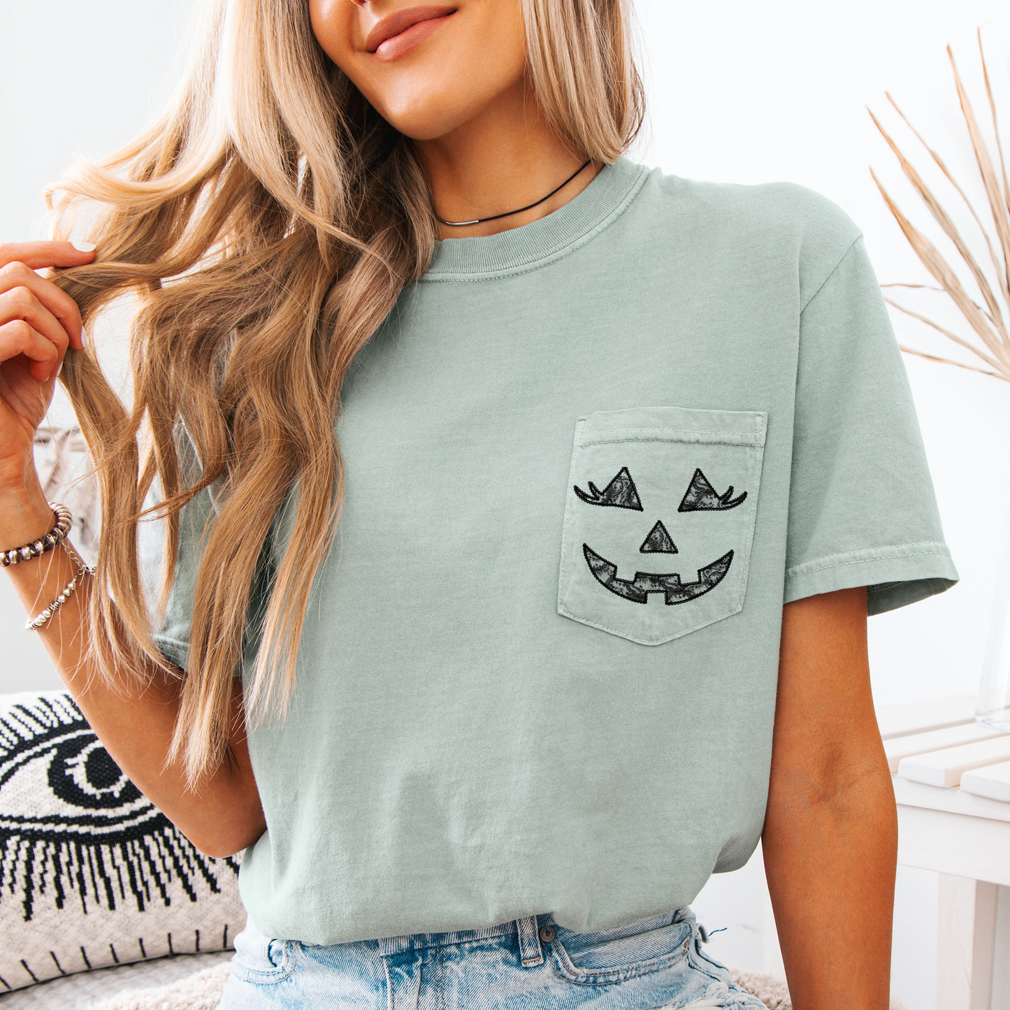 Jack o Lantern, Coquette, Faux Lace, Halloween, Pocket, Comfort Colors Pocket T-Shirt