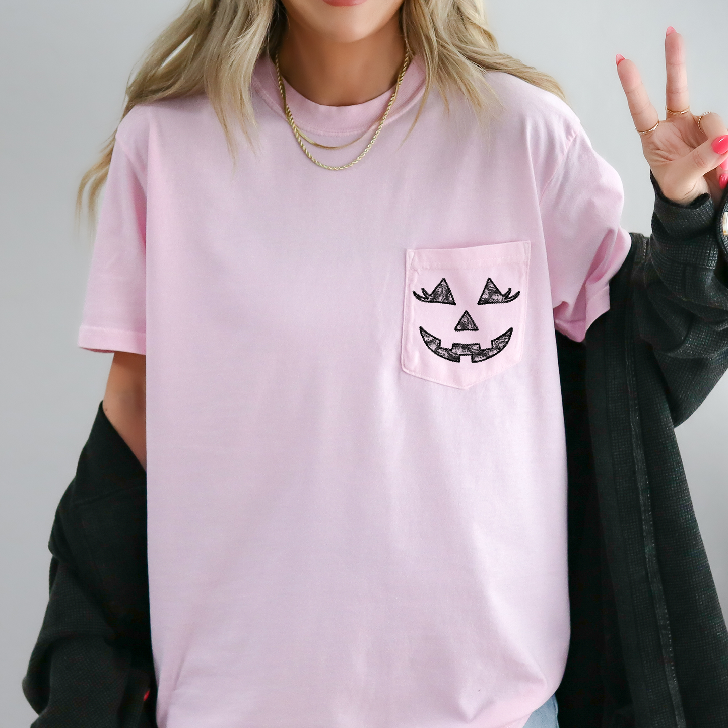 Jack o Lantern, Coquette, Faux Lace, Halloween, Pocket, Comfort Colors Pocket T-Shirt