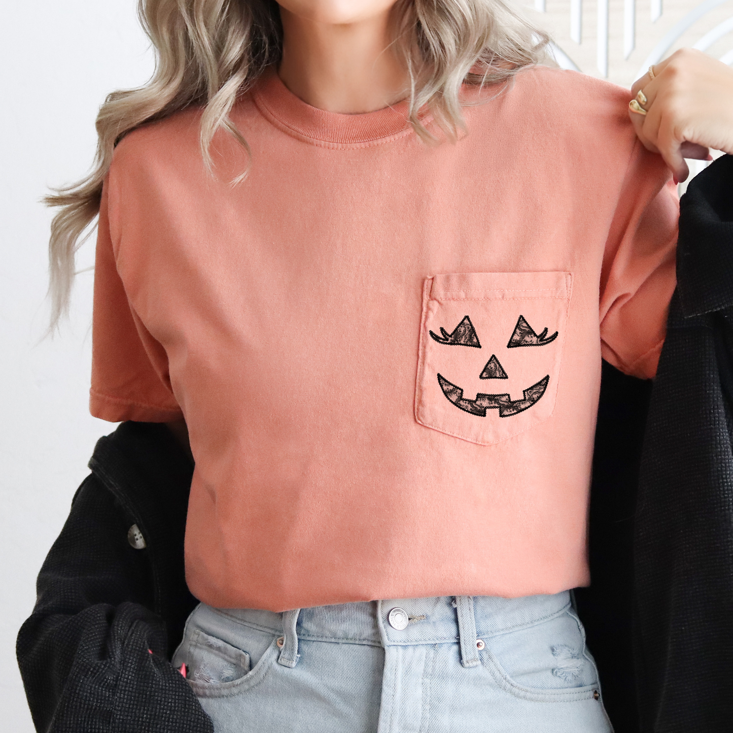 Jack o Lantern, Coquette, Faux Lace, Halloween, Pocket, Comfort Colors Pocket T-Shirt