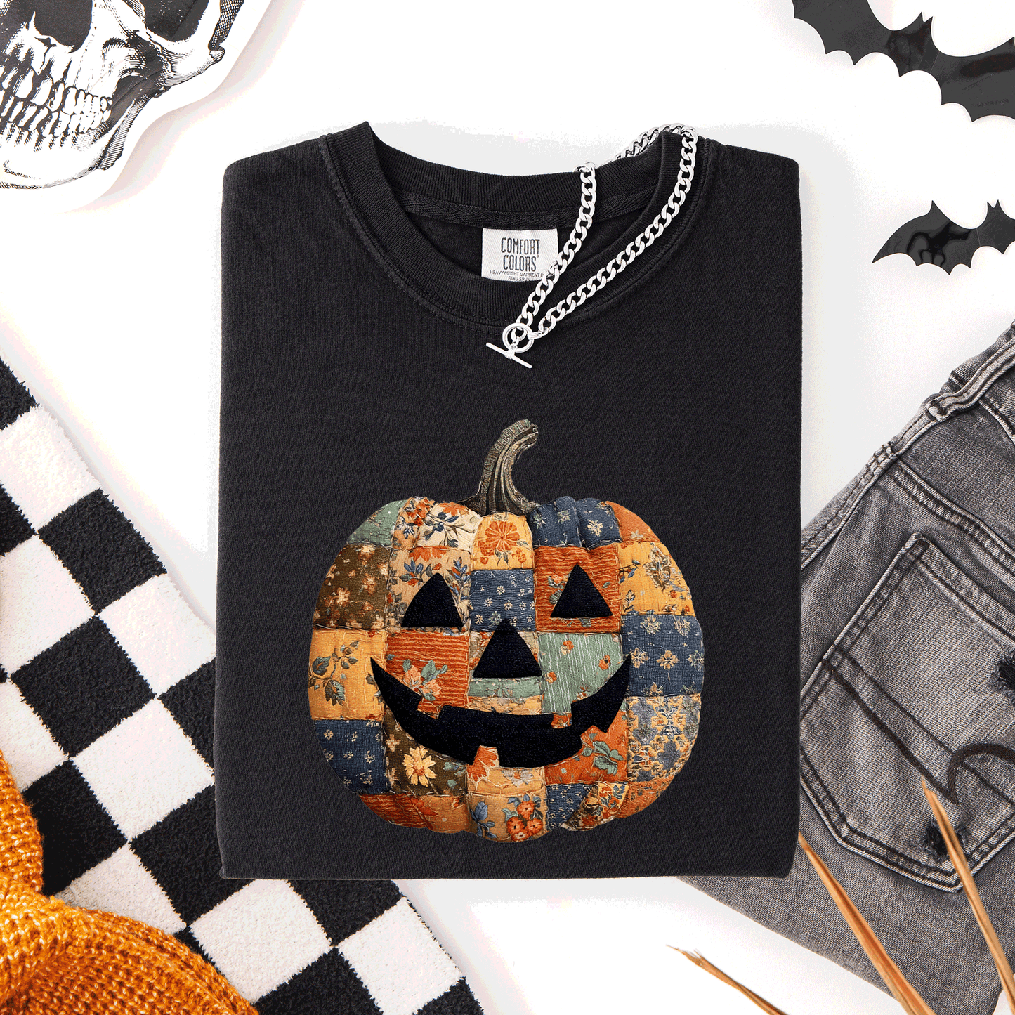 Jack o Lantern, Faux Quilt Pumpkin, Halloween, Fall, Autumn, Comfort Colors T-Shirt