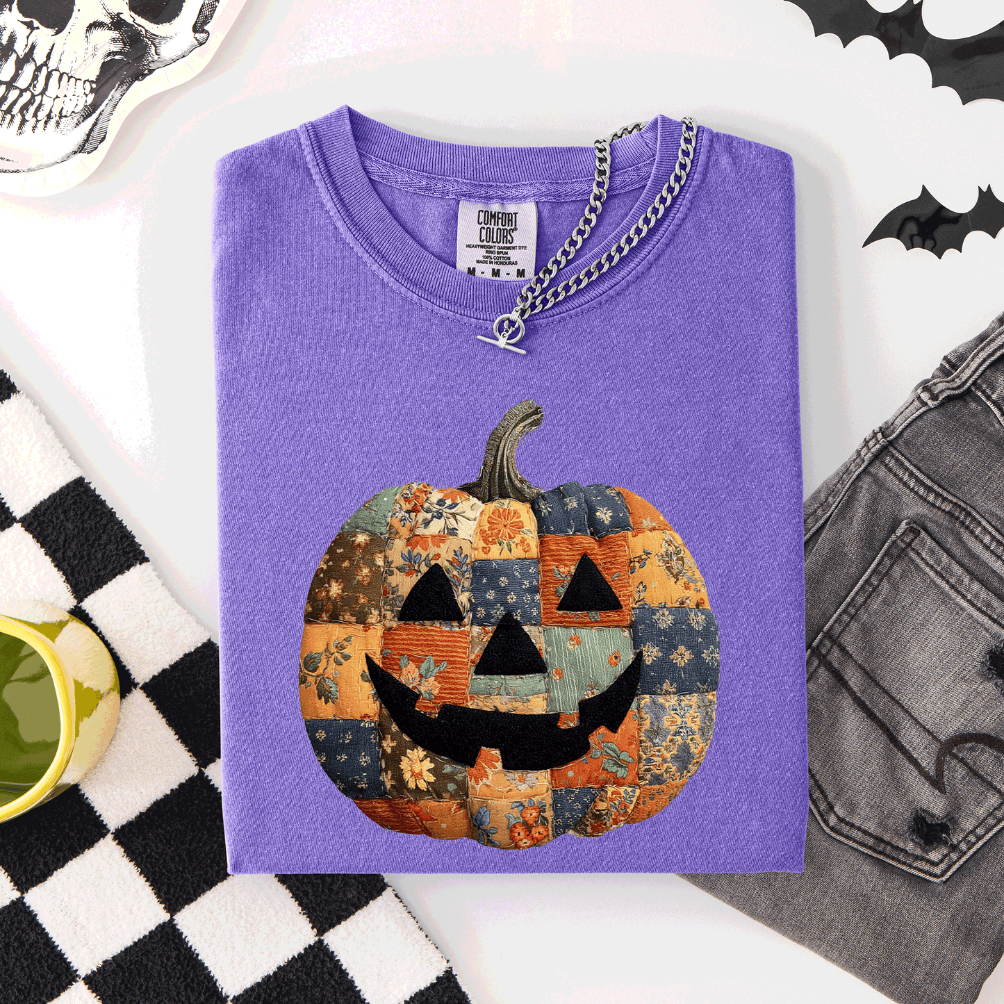 Jack o Lantern, Faux Quilt Pumpkin, Halloween, Fall, Autumn, Comfort Colors T-Shirt