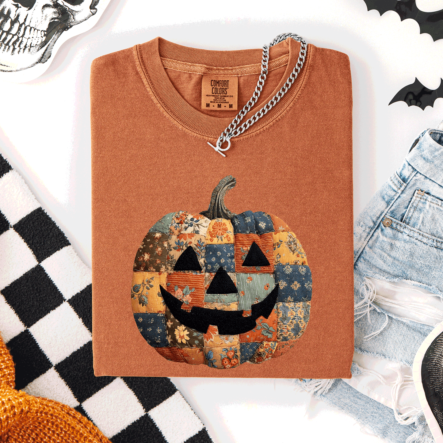 Jack o Lantern, Faux Quilt Pumpkin, Halloween, Fall, Autumn, Comfort Colors T-Shirt