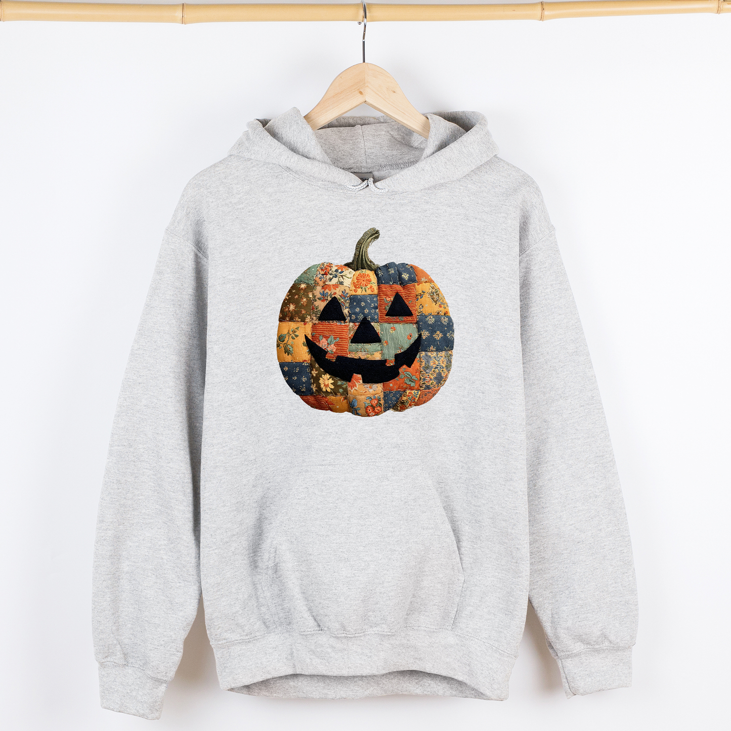 Jack-o-Lantern, Faux Quilt Pumpkin, Halloween, Fall, Autumn, Graphic Hoodie, Hooded Sweatshirt