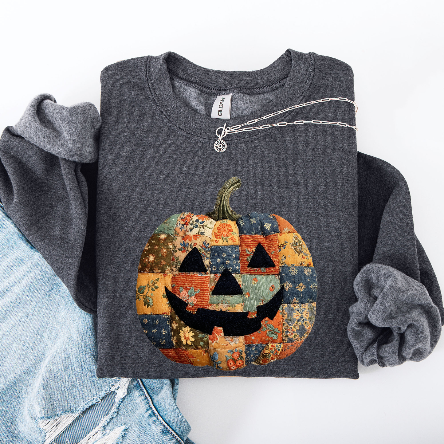 Jack o Lantern, Faux Quilt Pumpkin, Halloween, Fall, Autumn Sweatshirt