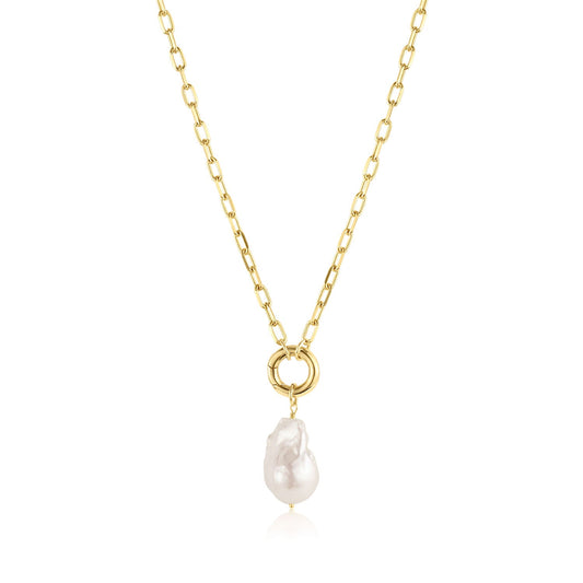 24k Gold Paperclip Chain Necklace with Freshwater Baroque Pearl Pendant James Necklace