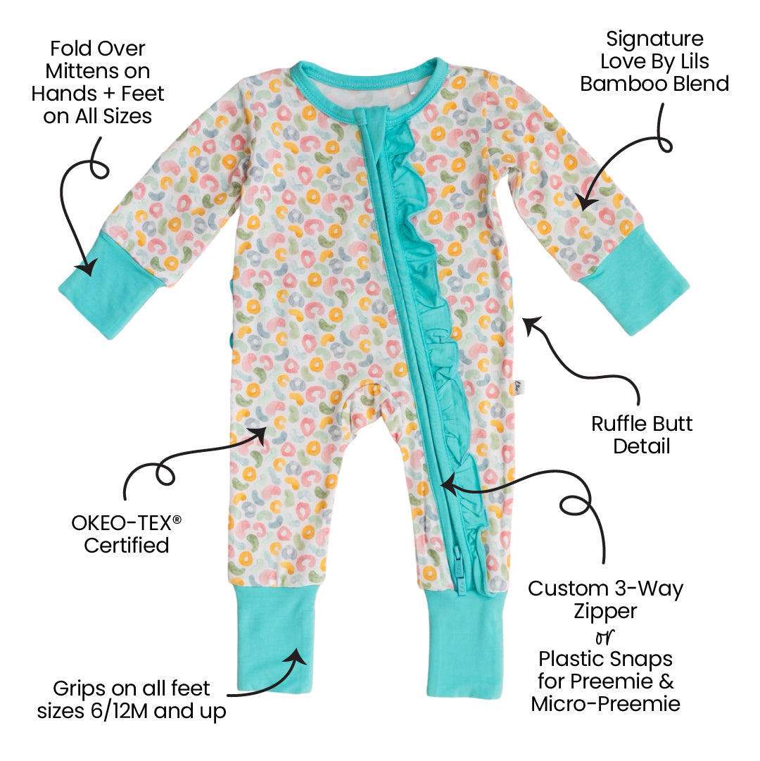 Leopard Bamboo Ruffle Convertible Footie Baby Outfit Laree + Co.