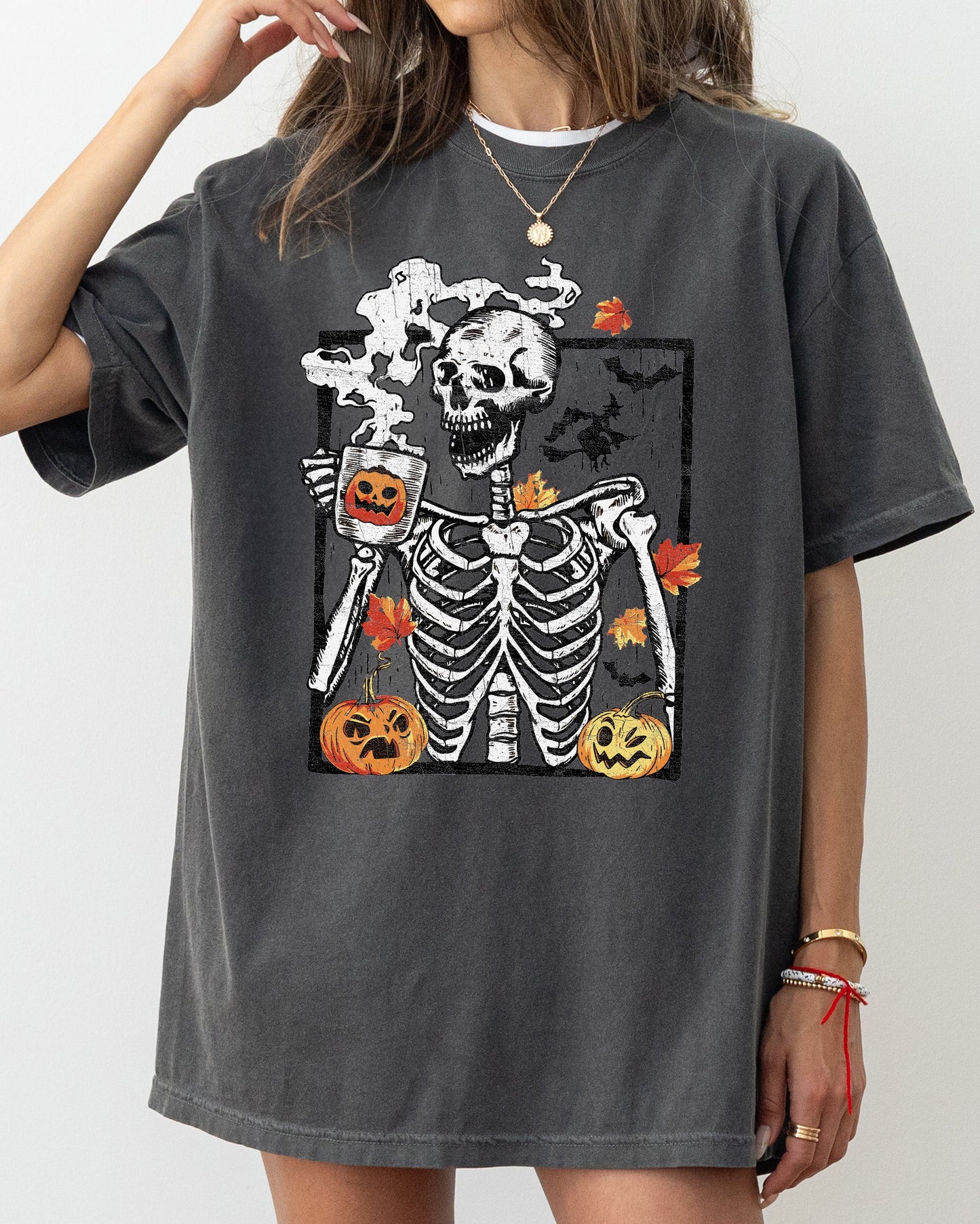 Skeleton Coffee Pumpkin Aesthetic Funny Halloween Costume Tshirt Comfort Colors T-Shirt
