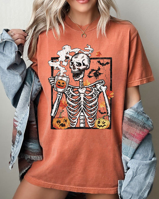 Skeleton Coffee Pumpkin Aesthetic Funny Halloween Costume Tshirt Comfort Colors T-Shirt
