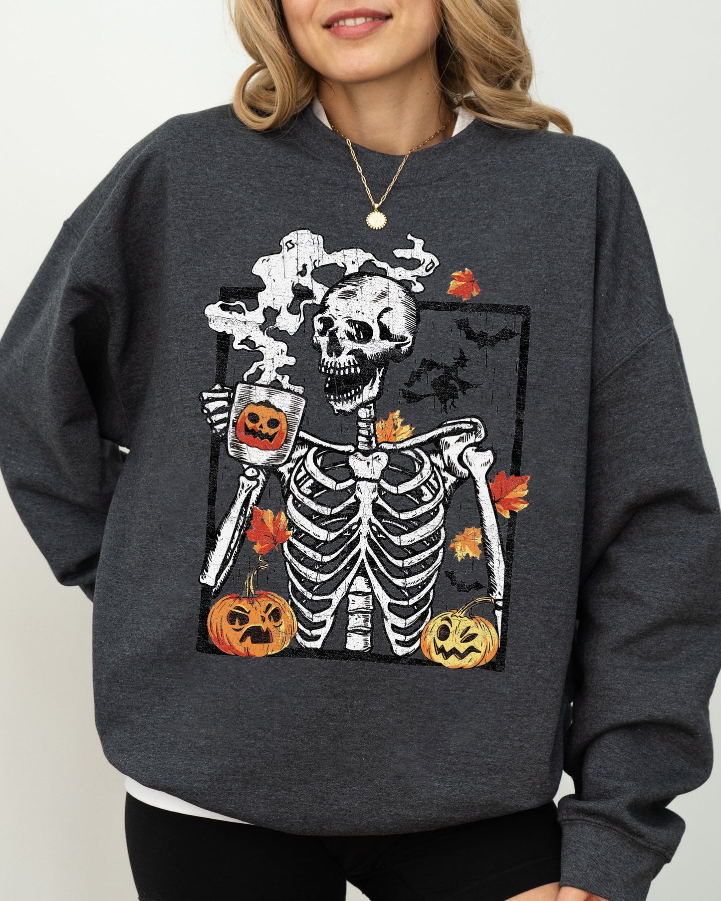 Skeleton Coffee, Pumpkin, Witch, Aesthetic, Funny, Meme, Halloween, Spooky, Costume Sweatshirt