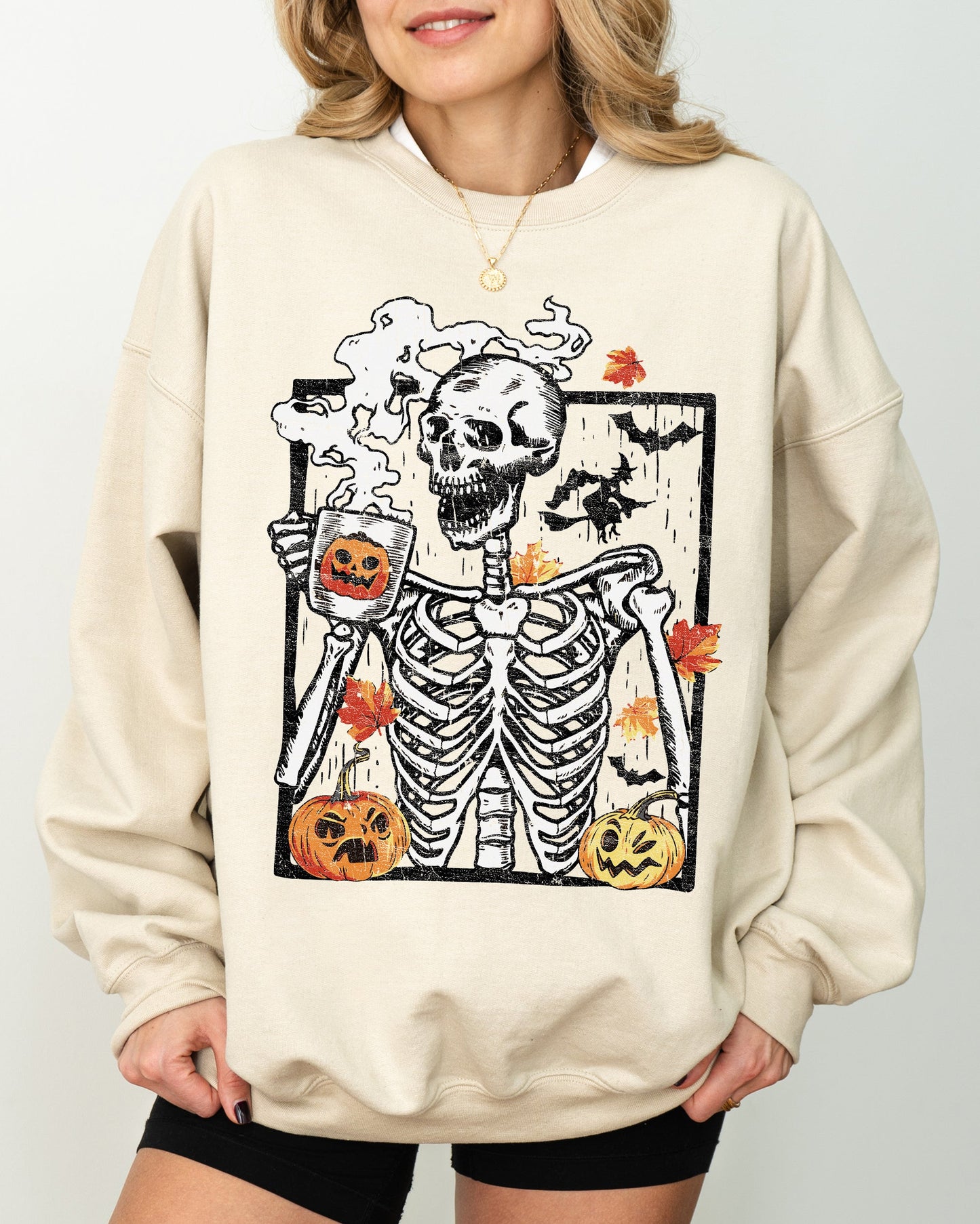 Skeleton Coffee, Pumpkin, Witch, Aesthetic, Funny, Meme, Halloween, Spooky, Costume Sweatshirt