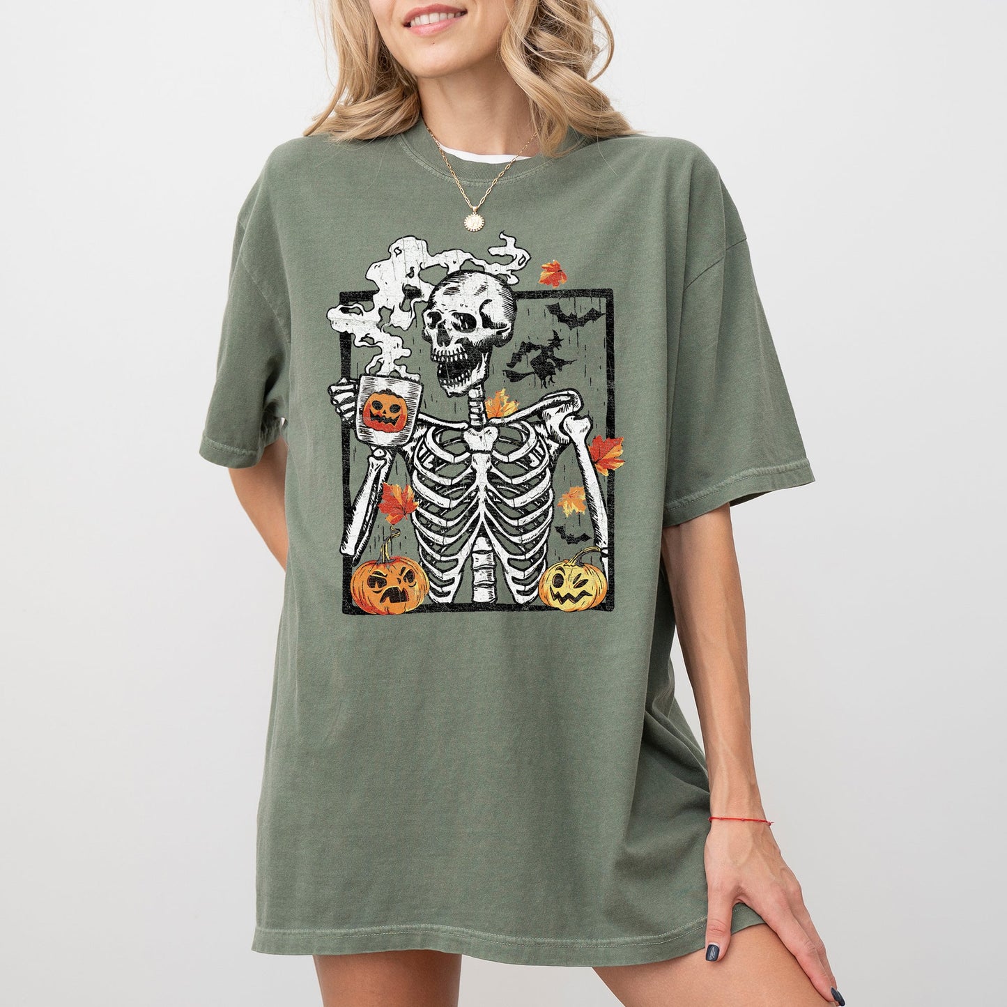 Skeleton Coffee Pumpkin Aesthetic Funny Halloween Costume Tshirt Comfort Colors T-Shirt