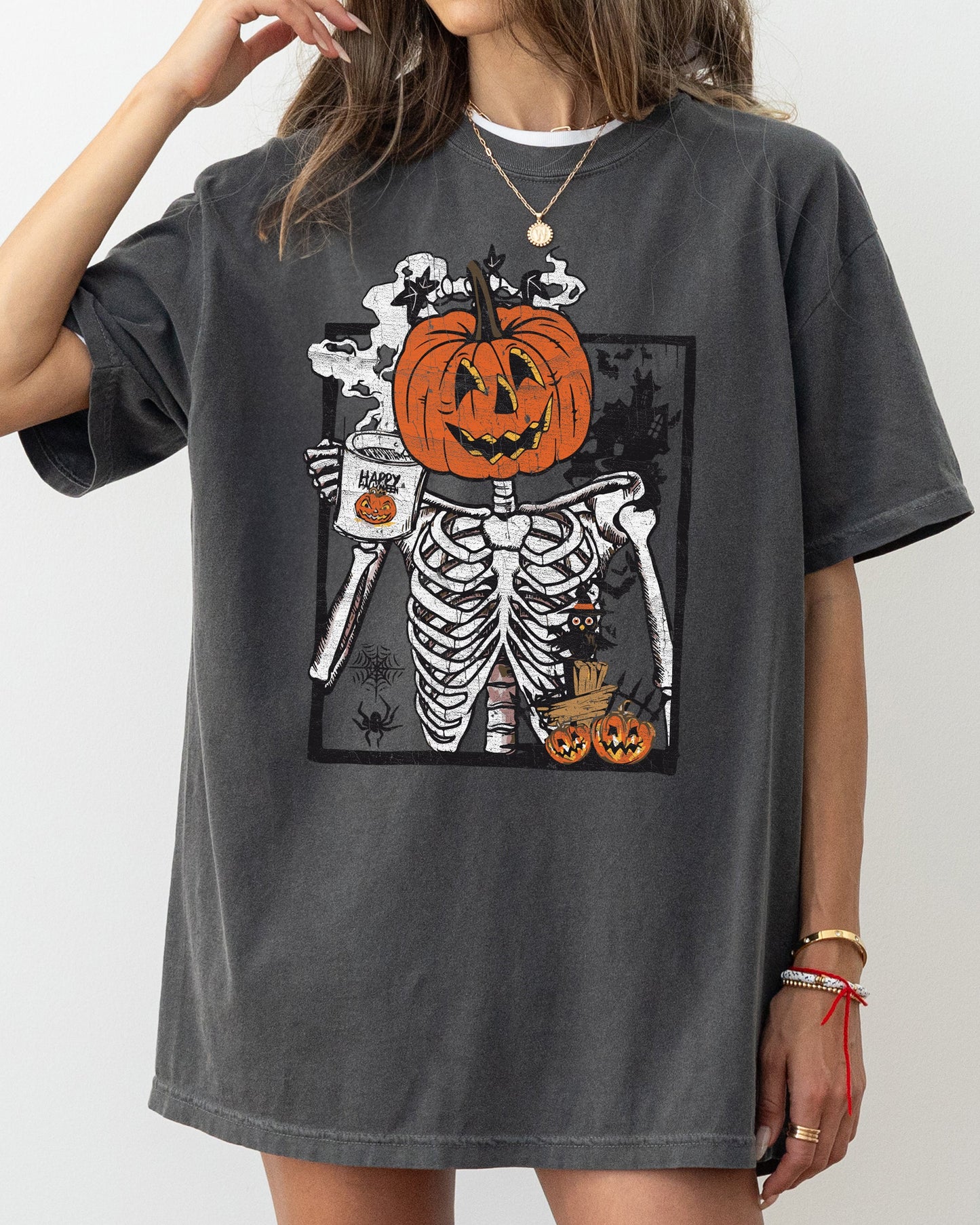 Pumpkin Head Skeleton, Coffee, Witch, Aesthetic, Funny, Meme, Halloween, Spooky, Costume, Tshirt Comfort Colors T-Shirt