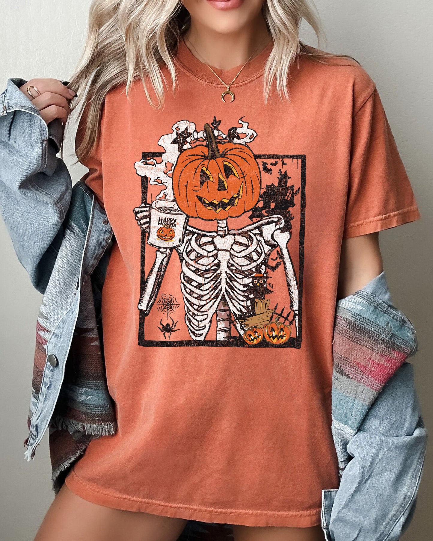 Pumpkin Head Skeleton, Coffee, Witch, Aesthetic, Funny, Meme, Halloween, Spooky, Costume, Tshirt Comfort Colors T-Shirt