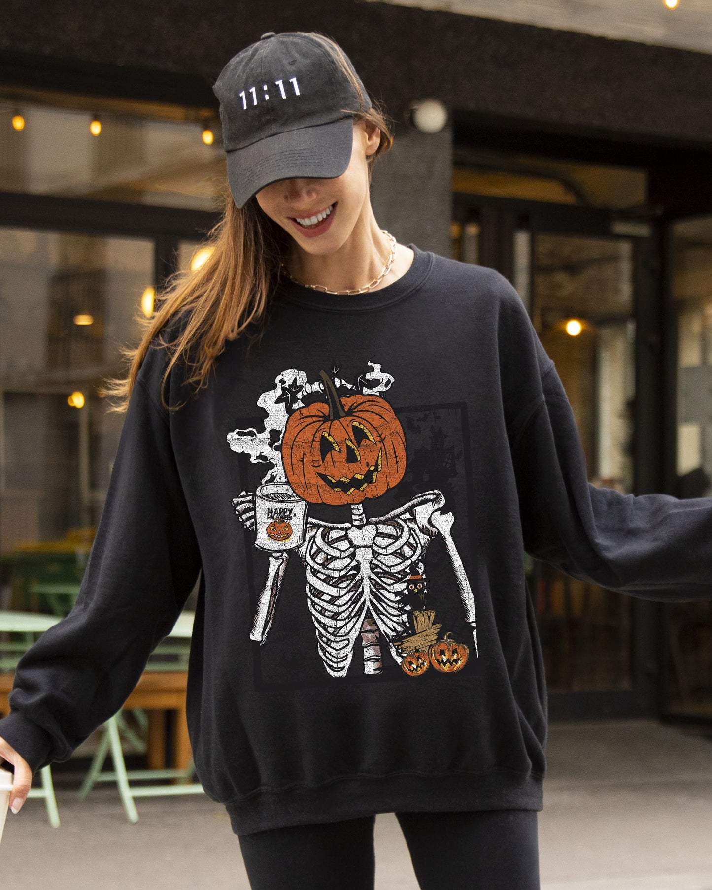 Pumpkin Head Skeleton, Coffee, Witch, Aesthetic, Funny, Meme, Halloween, Spooky, Costume Sweatshirt