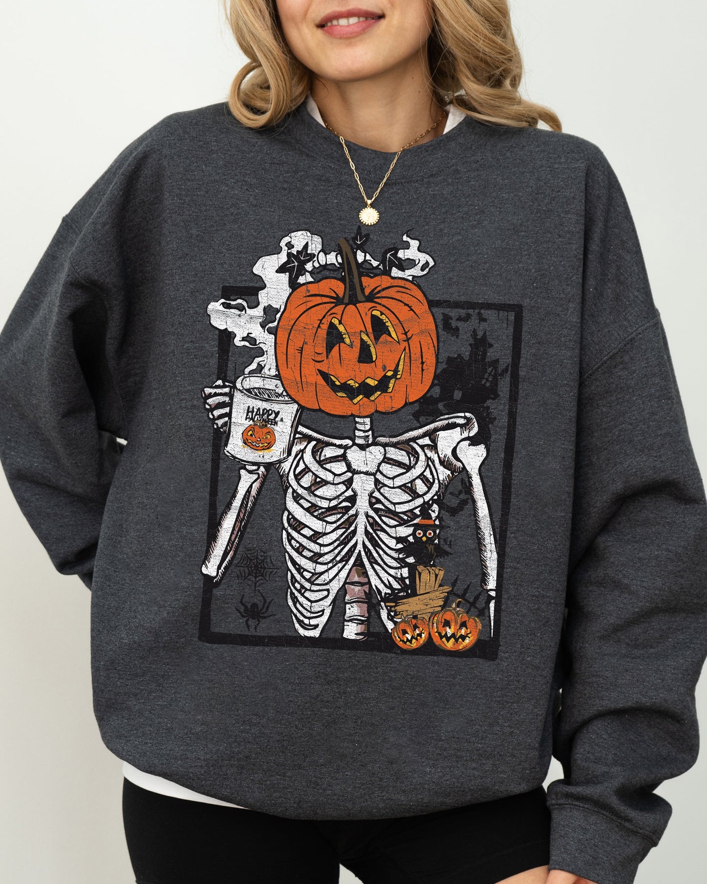 Pumpkin Head Skeleton, Coffee, Witch, Aesthetic, Funny, Meme, Halloween, Spooky, Costume Sweatshirt