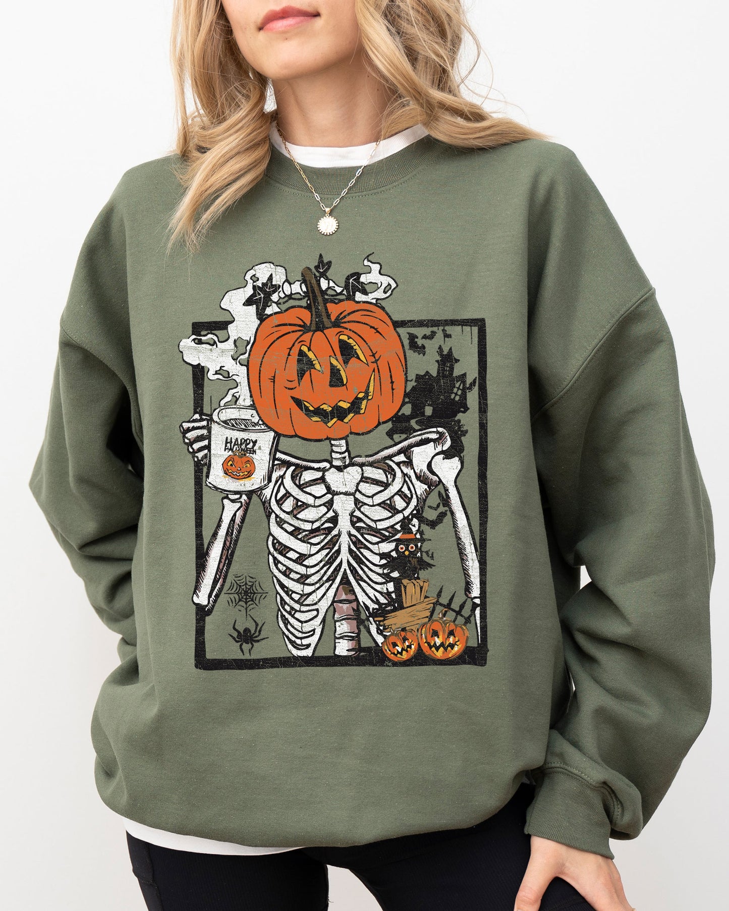 Pumpkin Head Skeleton, Coffee, Witch, Aesthetic, Funny, Meme, Halloween, Spooky, Costume Sweatshirt