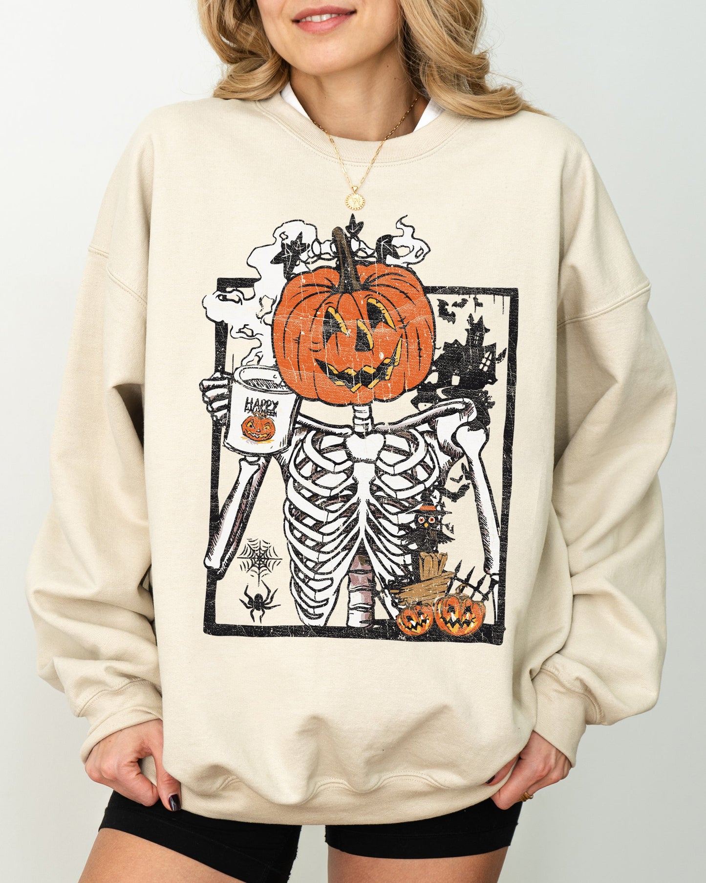 Pumpkin Head Skeleton, Coffee, Witch, Aesthetic, Funny, Meme, Halloween, Spooky, Costume Sweatshirt