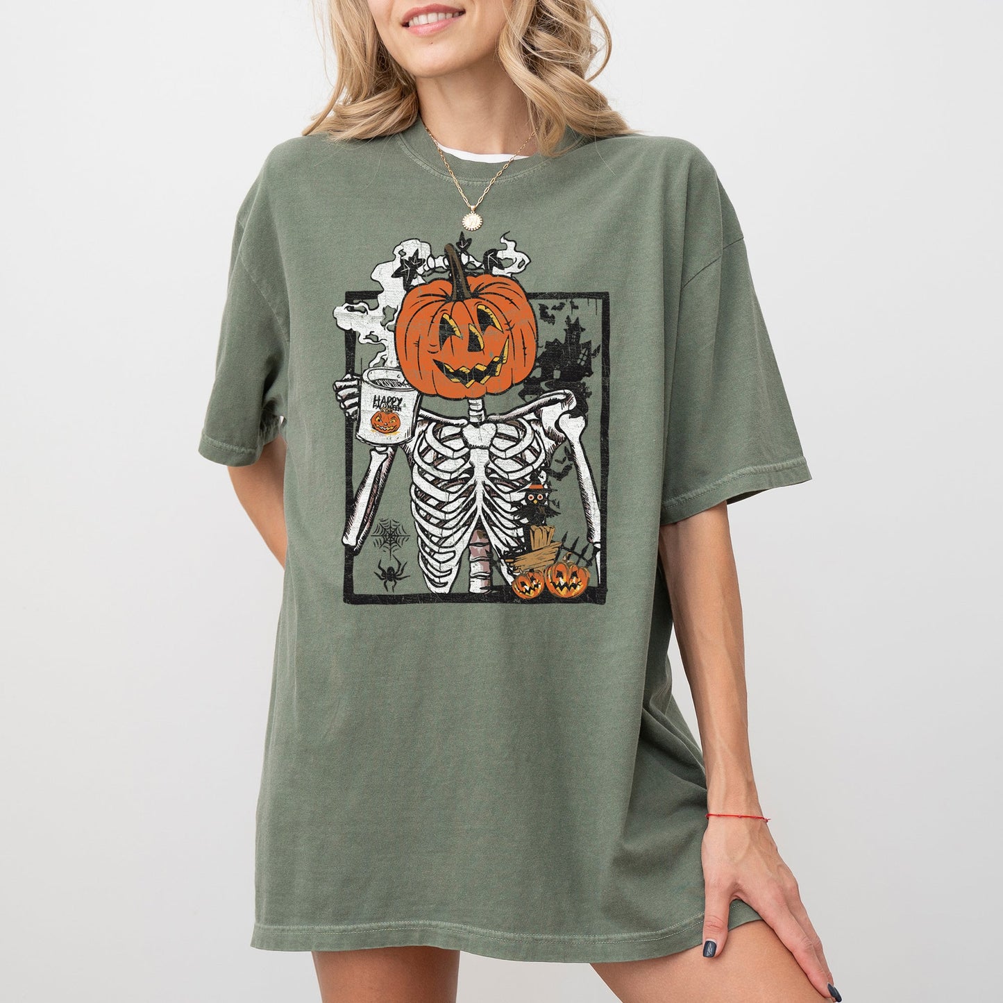 Pumpkin Head Skeleton, Coffee, Witch, Aesthetic, Funny, Meme, Halloween, Spooky, Costume, Tshirt Comfort Colors T-Shirt