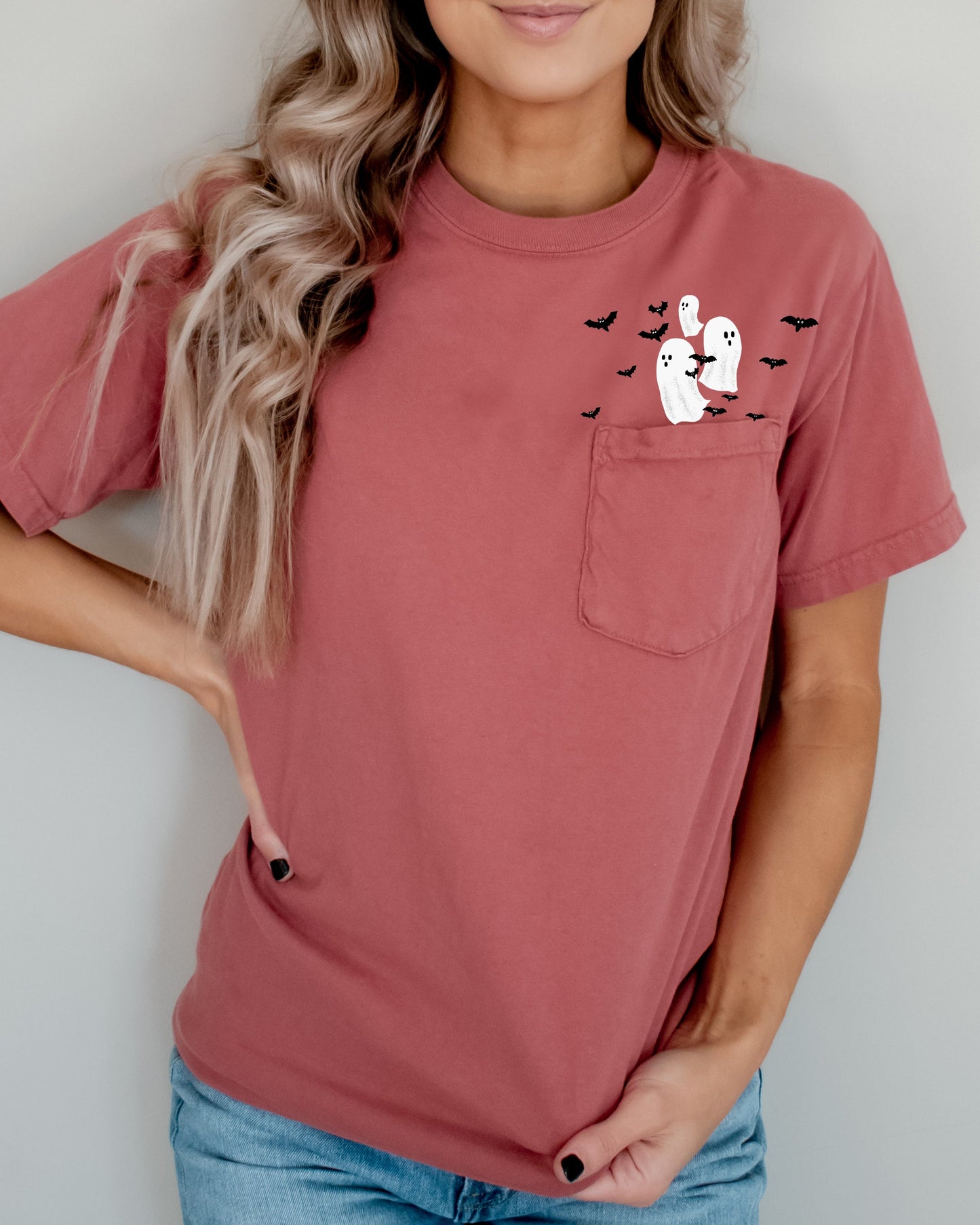 Flying Ghosts and Bats Halloween Costume Pocket Tee Comfort Colors T-Shirt