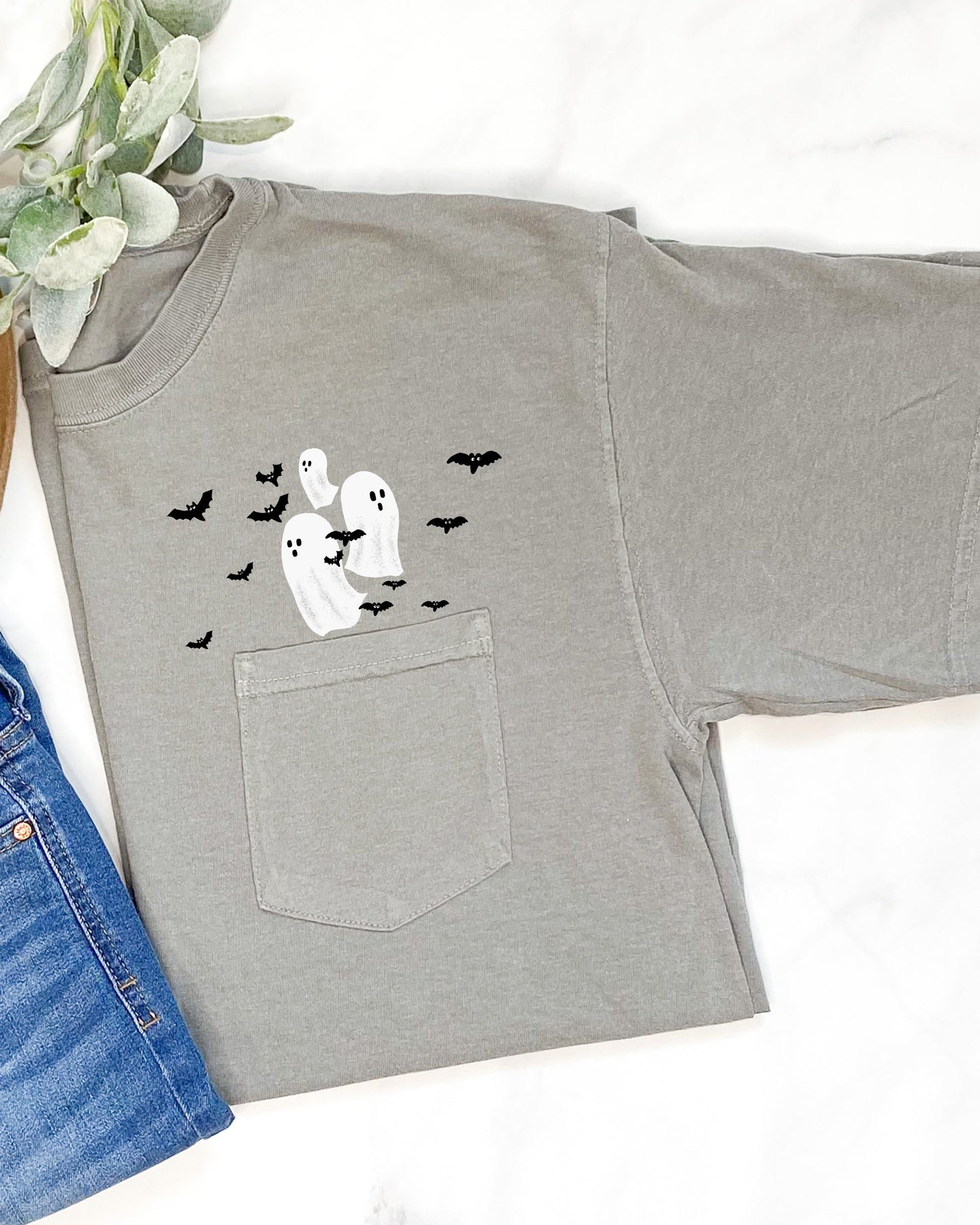 Flying Ghosts and Bats Halloween Costume Pocket Tee Comfort Colors T-Shirt