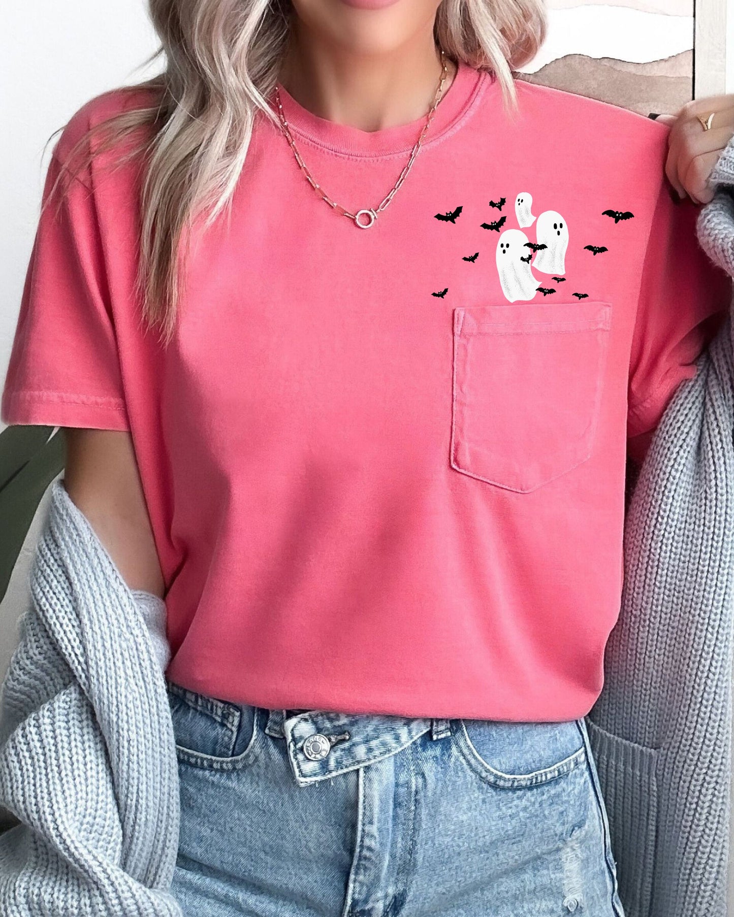 Flying Ghosts and Bats Halloween Costume Pocket Tee Comfort Colors T-Shirt