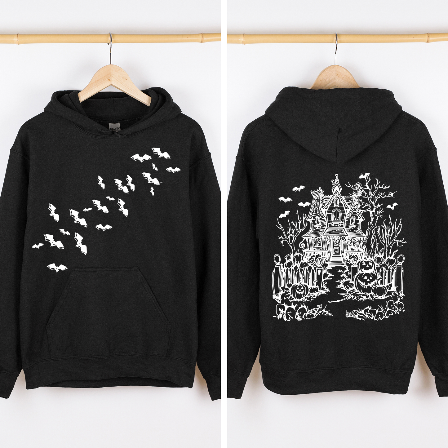 Haunted House Front and Back Graphic Hoodie Retro Fall Autumn Halloween Hooded Sweatshirt