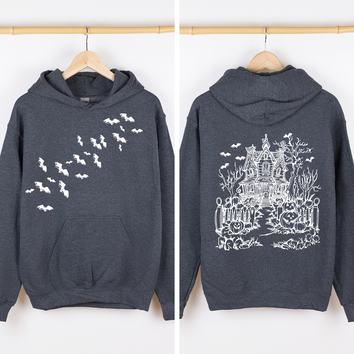 Haunted House Front and Back Graphic Hoodie Retro Fall Autumn Halloween Hooded Sweatshirt