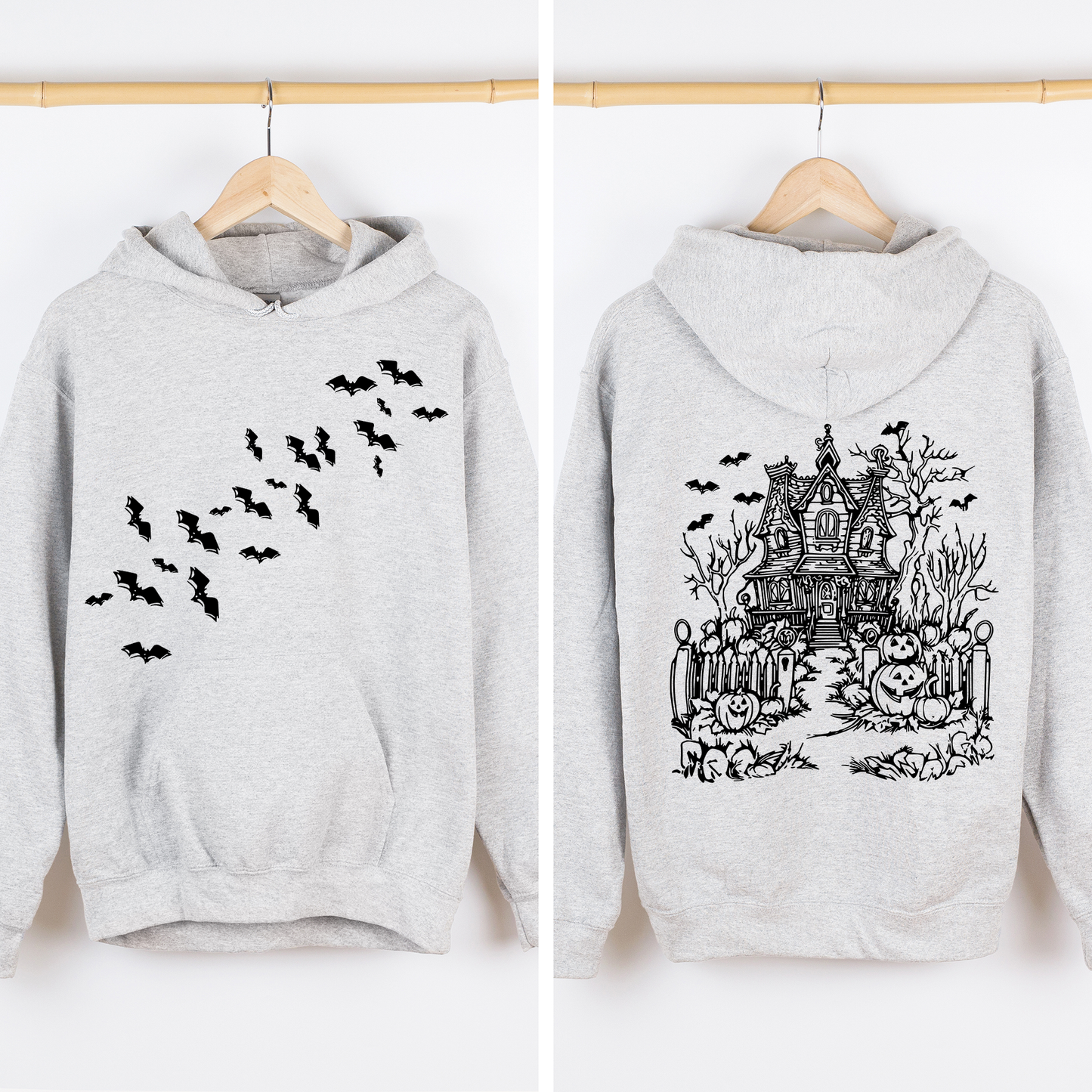 Haunted House Front and Back Graphic Hoodie Retro Fall Autumn Halloween Hooded Sweatshirt