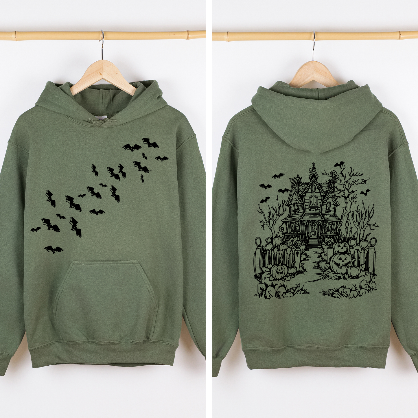 Haunted House Front and Back Graphic Hoodie Retro Fall Autumn Halloween Hooded Sweatshirt
