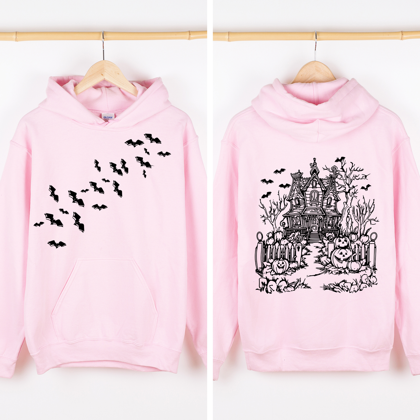 Haunted House Front and Back Graphic Hoodie Retro Fall Autumn Halloween Hooded Sweatshirt