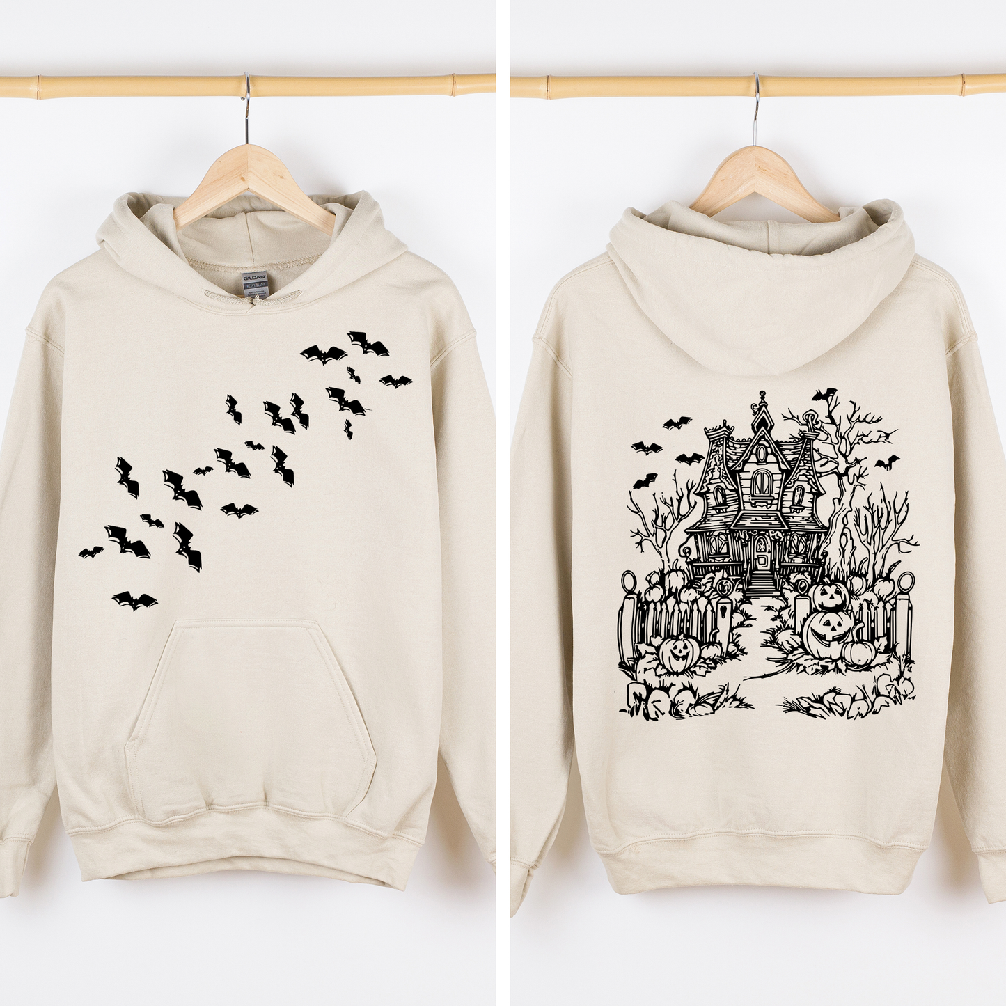 Haunted House Front and Back Graphic Hoodie Retro Fall Autumn Halloween Hooded Sweatshirt