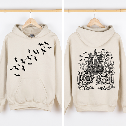Haunted House Front and Back Graphic Hoodie Retro Fall Autumn Halloween Hooded Sweatshirt
