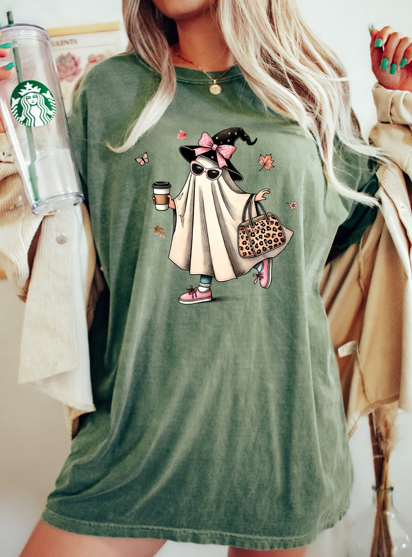 Fancy Ghost Coffee Western Witch Halloween Costume Tshirt Comfort Colors T-Shirt