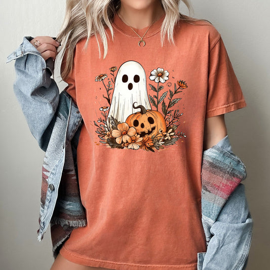 Floral Ghost Pumpkin Skeleton Vintage Halloween Costume T-Shirt Comfort Colors
