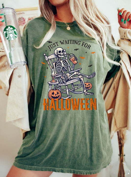 Just Waiting for Halloween, Skeleton, Vintage, Western, Witch, Aesthetic, Meme, Halloween, Costume, Tshirt Comfort Colors T-Shirt