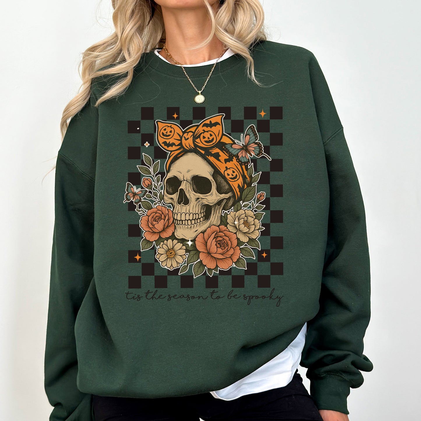 Tis The Season, Skull, Halloween, Ghost, Checkered, Retro, Vintage, Spooky, Costume, Fall, Graphic Sweatshirt