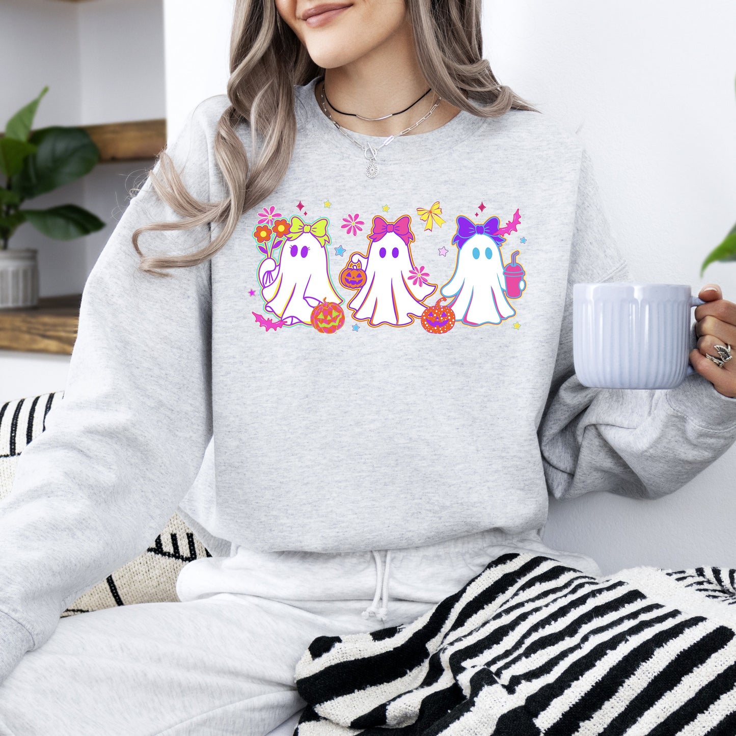 Cute Neon Ghosts Checkered Graphic Sweatshirt Retro Vintage Halloween