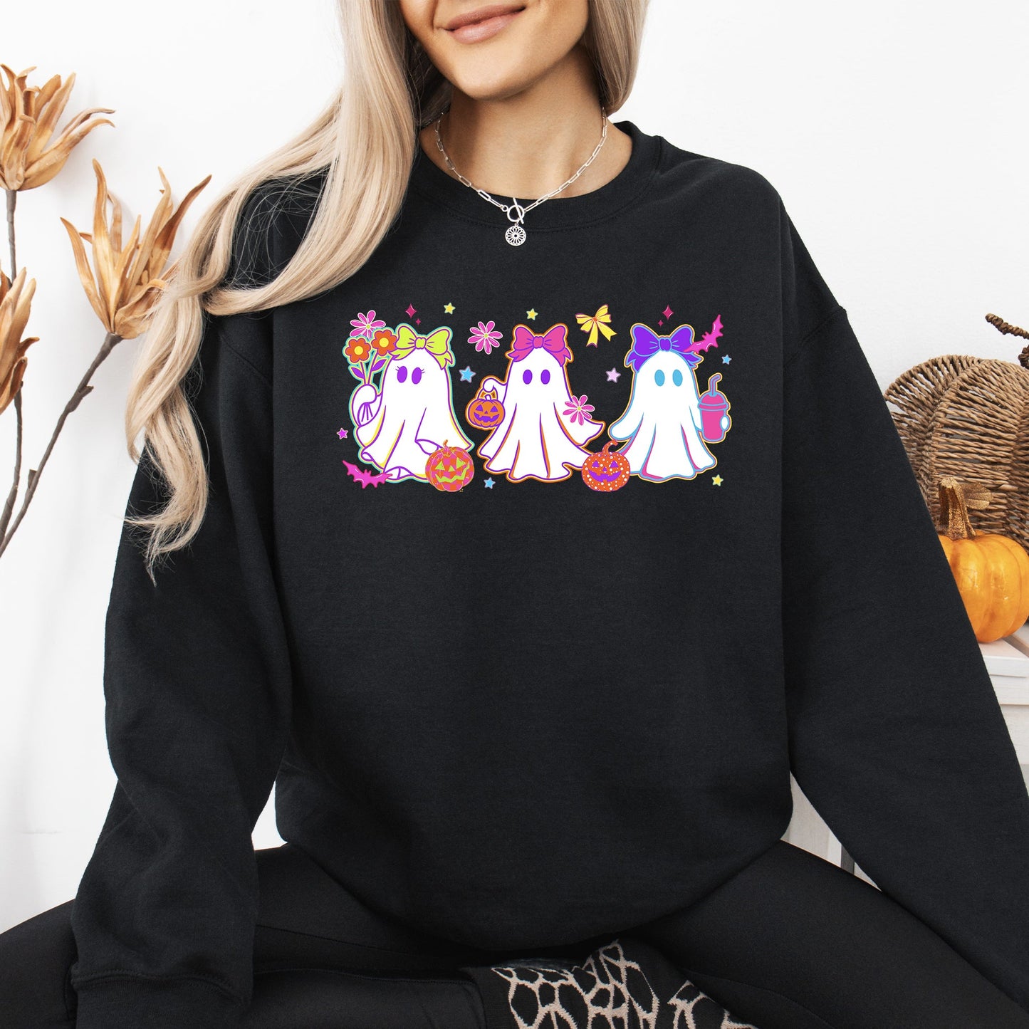 Cute Neon Ghosts Checkered Graphic Sweatshirt Retro Vintage Halloween