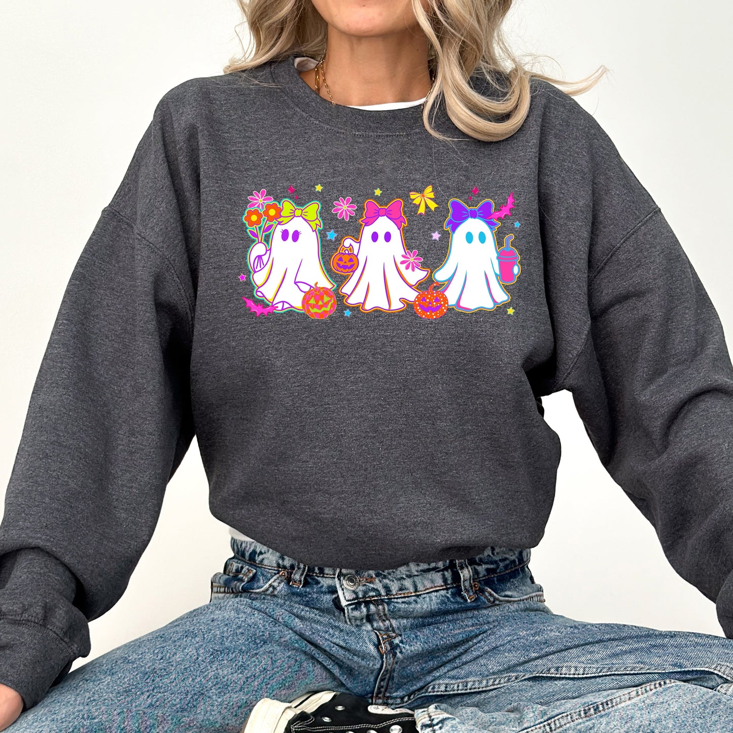 Cute Neon Ghosts Checkered Graphic Sweatshirt Retro Vintage Halloween