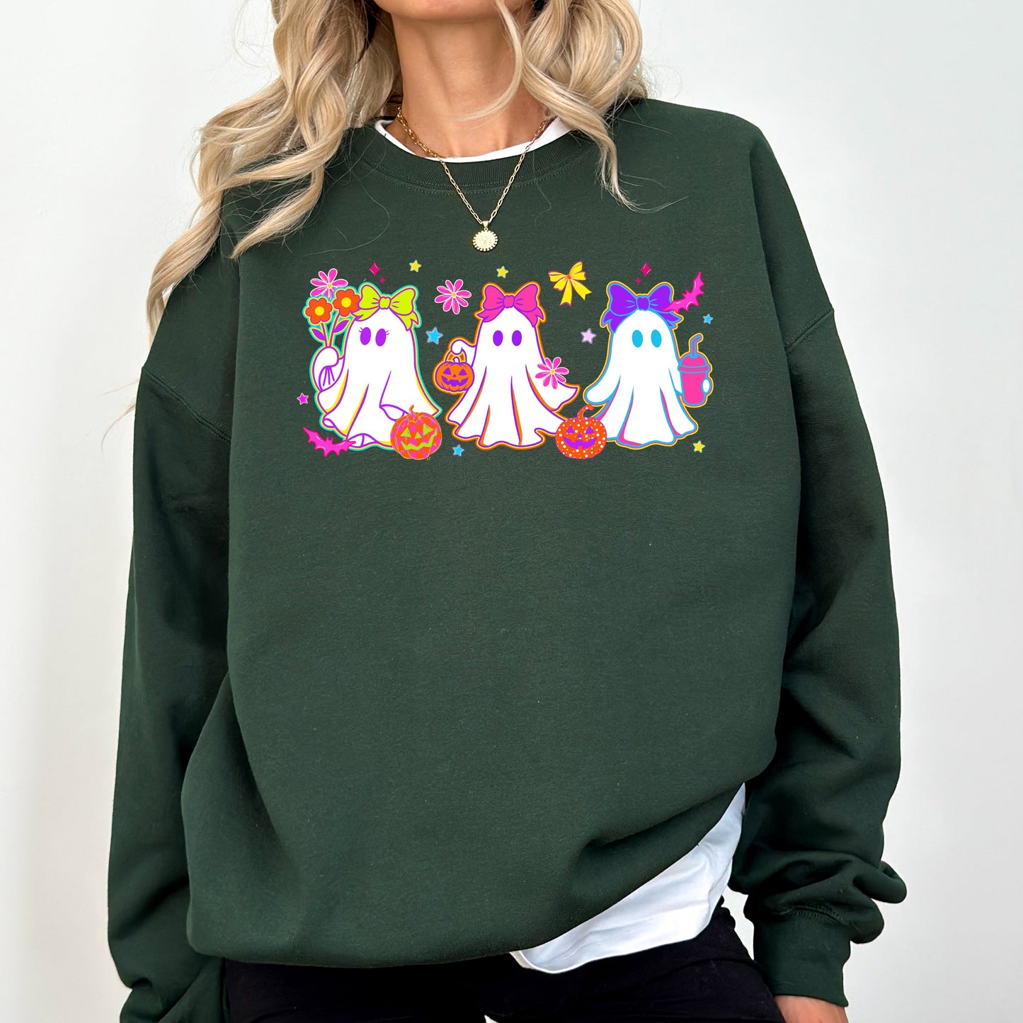 Cute Neon Ghosts Checkered Graphic Sweatshirt Retro Vintage Halloween