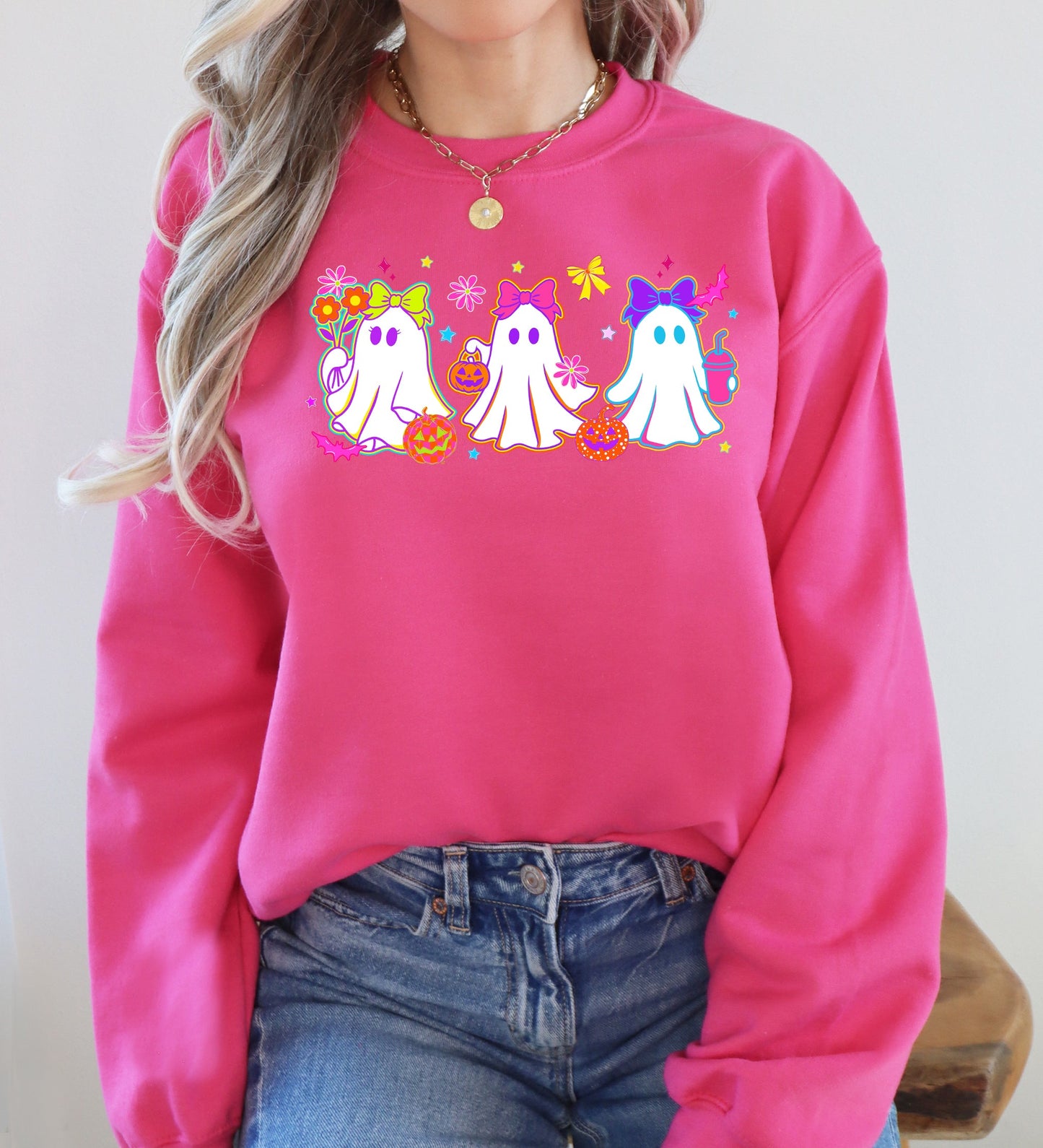 Cute Neon Ghosts Checkered Graphic Sweatshirt Retro Vintage Halloween
