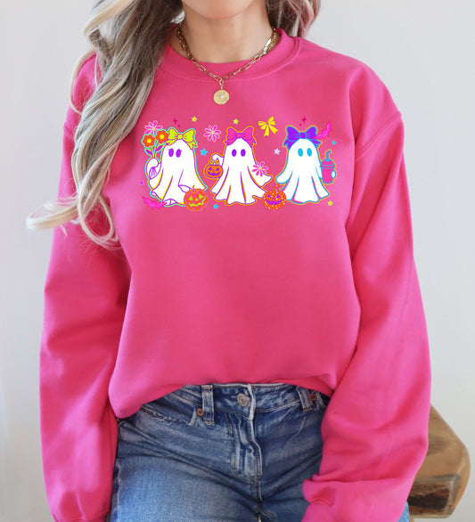 Cute Neon Ghosts Checkered Graphic Sweatshirt Retro Vintage Halloween