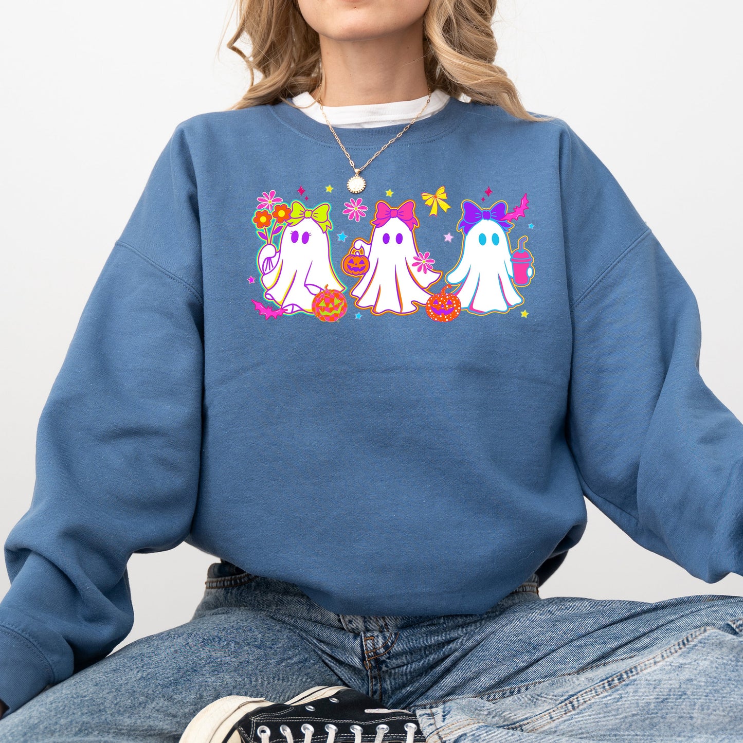 Cute Neon Ghosts Checkered Graphic Sweatshirt Retro Vintage Halloween
