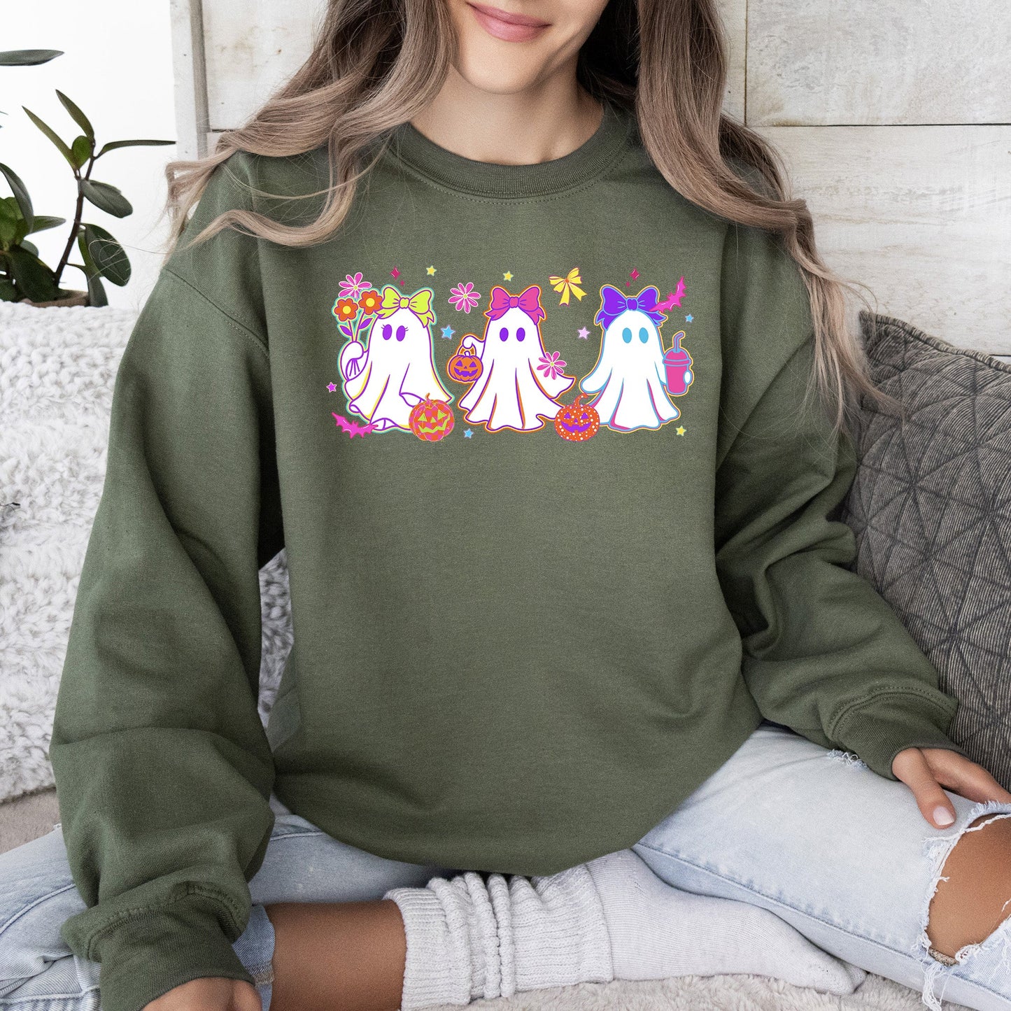 Cute Neon Ghosts Checkered Graphic Sweatshirt Retro Vintage Halloween