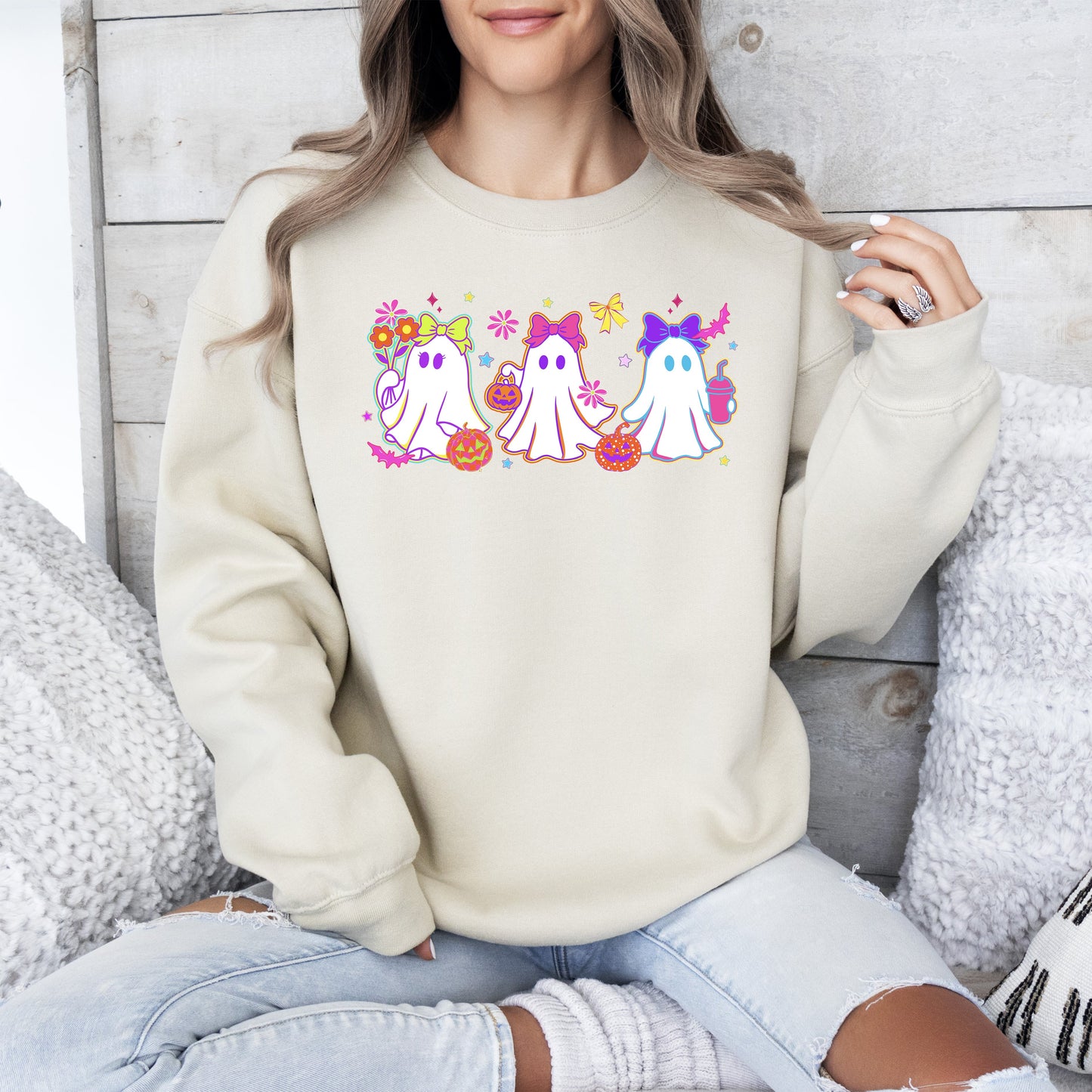 Cute Neon Ghosts Checkered Graphic Sweatshirt Retro Vintage Halloween