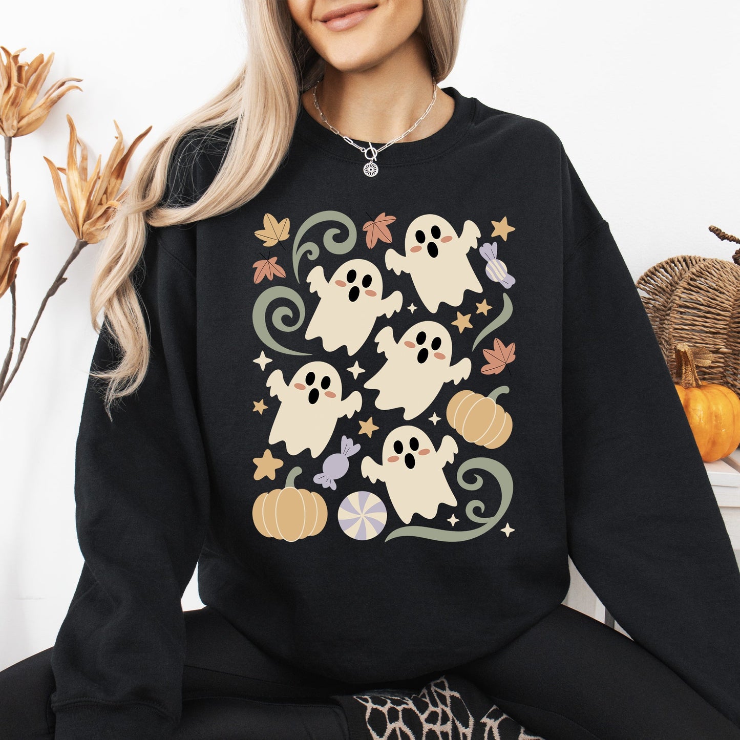 Vintage Ghosts Floral Halloween Retro Spooky Graphic Sweatshirt